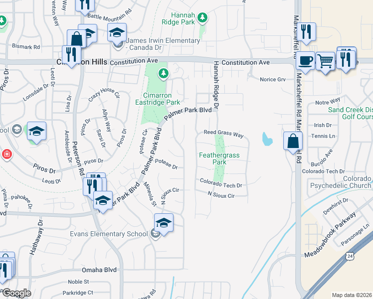 map of restaurants, bars, coffee shops, grocery stores, and more near 2065 Shawnee Drive in Colorado Springs