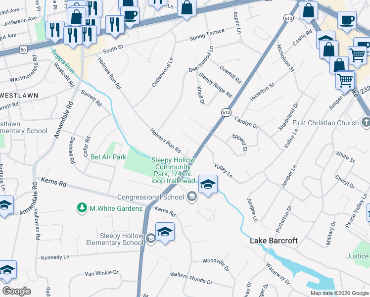 map of restaurants, bars, coffee shops, grocery stores, and more near 3179 Holmes Run Road in Falls Church