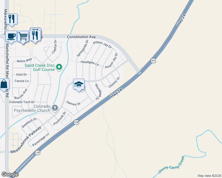 map of restaurants, bars, coffee shops, grocery stores, and more near 9010 Christy Court in Colorado Springs