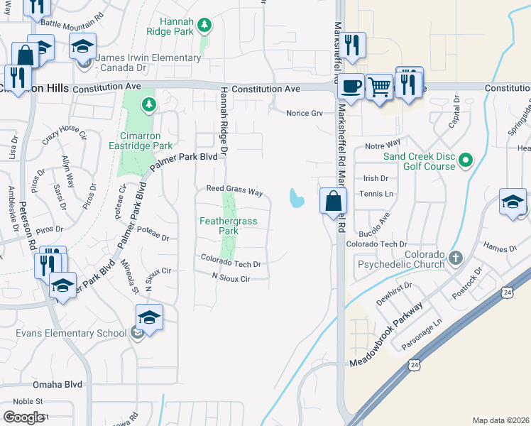 map of restaurants, bars, coffee shops, grocery stores, and more near 7557 Muhly Court in Colorado Springs