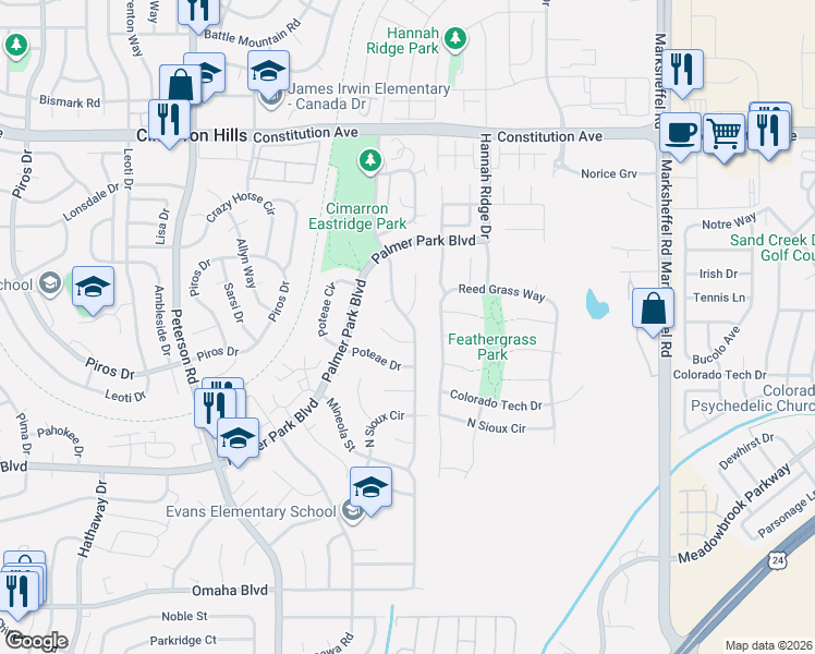 map of restaurants, bars, coffee shops, grocery stores, and more near 2065 Shawnee Drive in Colorado Springs