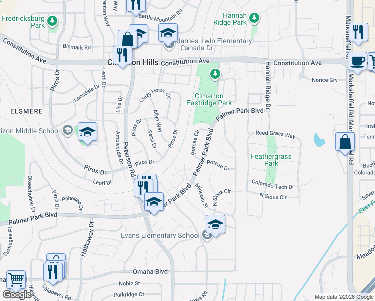 map of restaurants, bars, coffee shops, grocery stores, and more near 2060 Poteae Circle in Colorado Springs