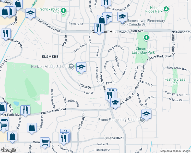 map of restaurants, bars, coffee shops, grocery stores, and more near 2056 Ambleside Drive in Colorado Springs