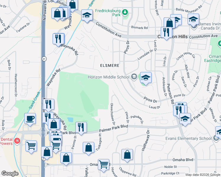 map of restaurants, bars, coffee shops, grocery stores, and more near 2080 Pima Drive in Colorado Springs