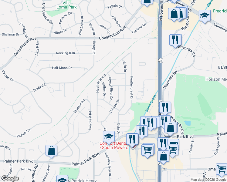 map of restaurants, bars, coffee shops, grocery stores, and more near 2070 Crystal River Drive in Colorado Springs