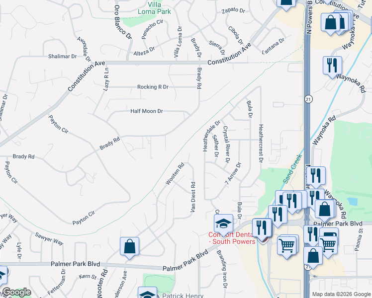 map of restaurants, bars, coffee shops, grocery stores, and more near 2017 Wooten Lane in Colorado Springs