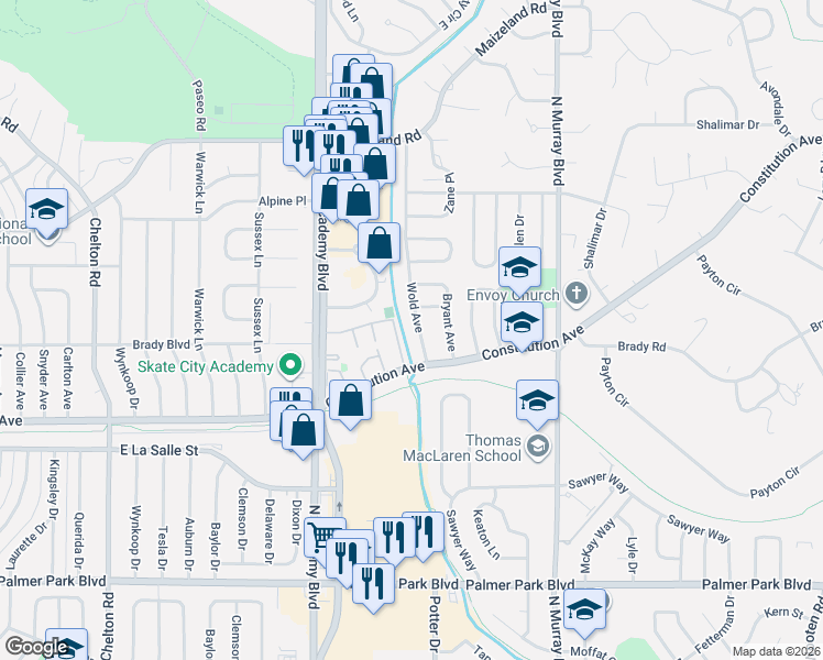 map of restaurants, bars, coffee shops, grocery stores, and more near 2022 Wold Avenue in Colorado Springs
