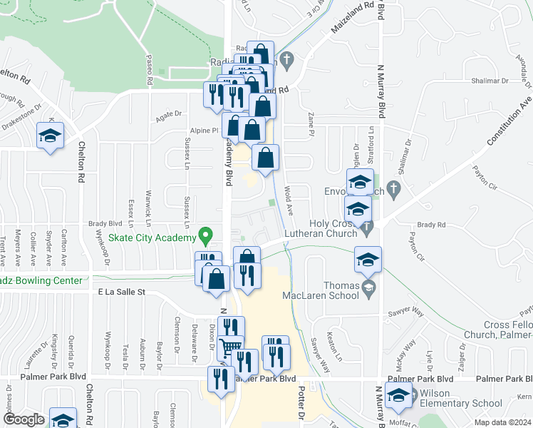 map of restaurants, bars, coffee shops, grocery stores, and more near 1969 North Academy Boulevard in Colorado Springs