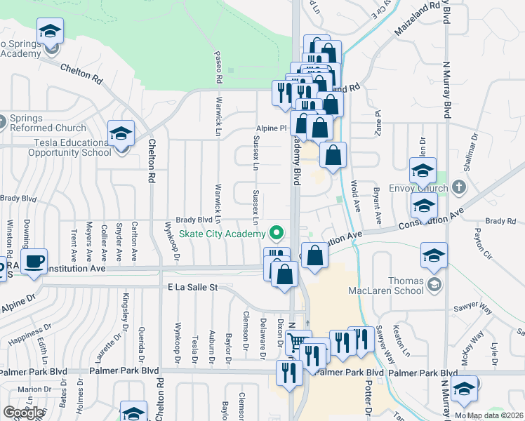 map of restaurants, bars, coffee shops, grocery stores, and more near 2079 Sussex Lane in Colorado Springs