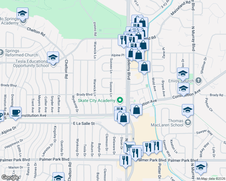 map of restaurants, bars, coffee shops, grocery stores, and more near 3630 Brady Boulevard in Colorado Springs