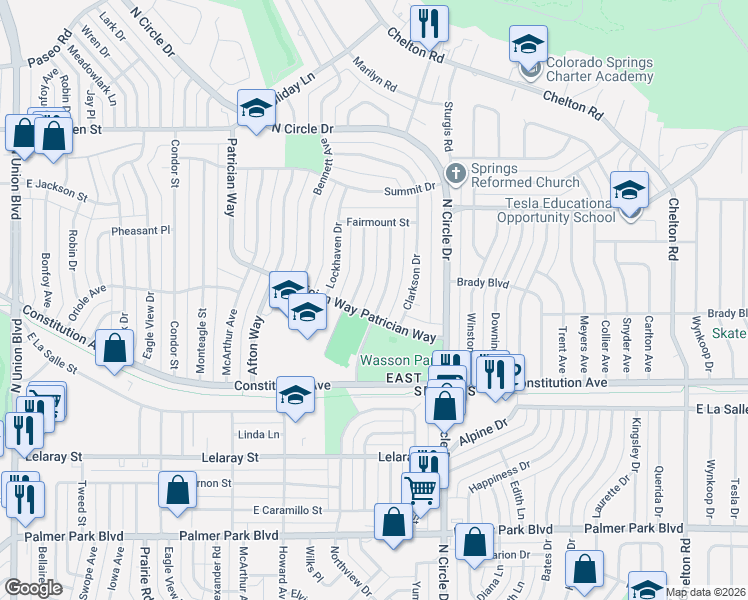 map of restaurants, bars, coffee shops, grocery stores, and more near 2103 Princeton Way in Colorado Springs