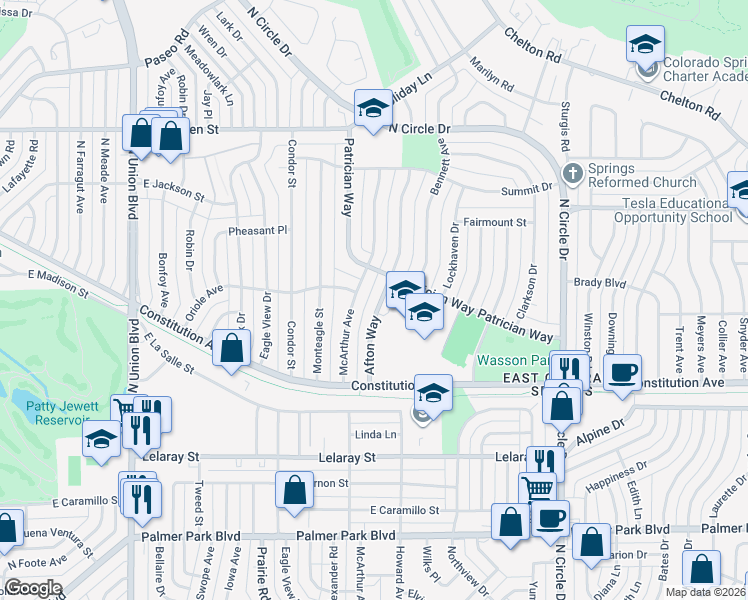 map of restaurants, bars, coffee shops, grocery stores, and more near 2122 Afton Way in Colorado Springs