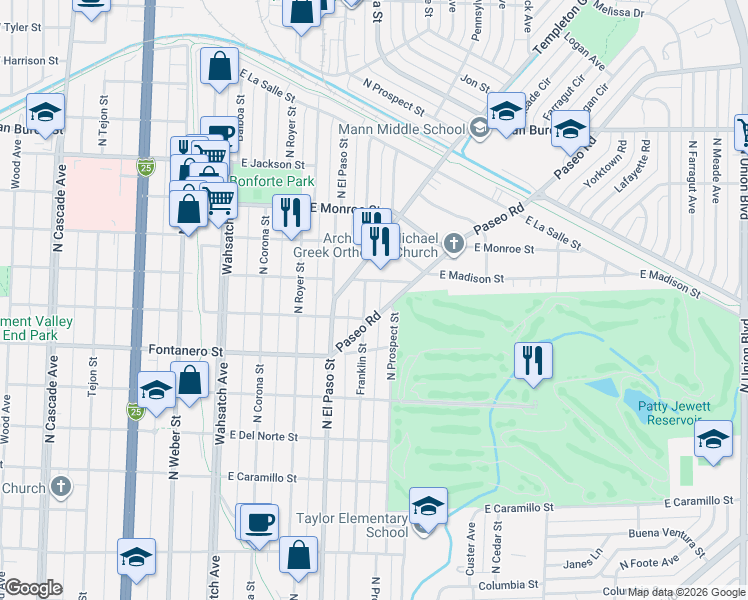 map of restaurants, bars, coffee shops, grocery stores, and more near 822 Paseo Road in Colorado Springs