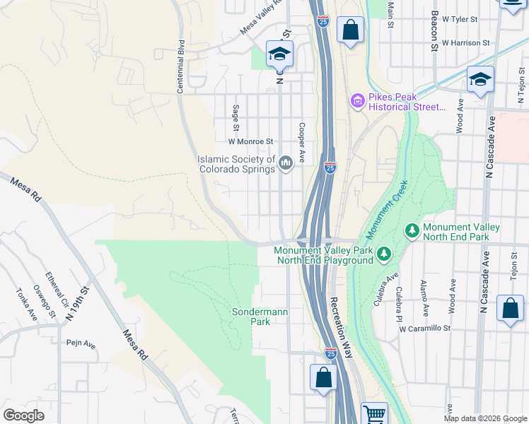 map of restaurants, bars, coffee shops, grocery stores, and more near 2008 North 7th Street in Colorado Springs