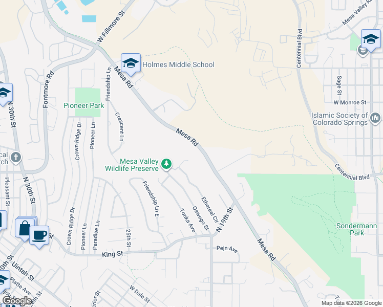 map of restaurants, bars, coffee shops, grocery stores, and more near 1322 Ethereal Circle in Colorado Springs