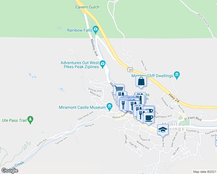 map of restaurants, bars, coffee shops, grocery stores, and more near 1205 Manitou Avenue in Manitou Springs