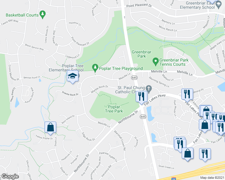 map of restaurants, bars, coffee shops, grocery stores, and more near 13431 Marble Rock Drive in Chantilly