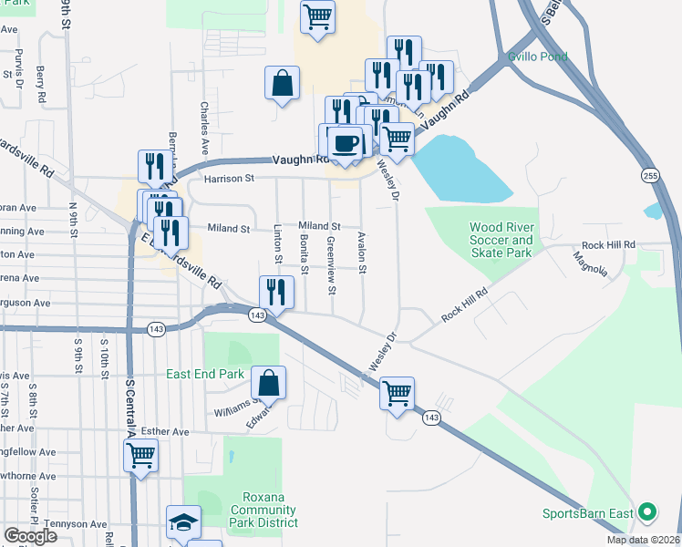 map of restaurants, bars, coffee shops, grocery stores, and more near 156 Avalon Street in Wood River