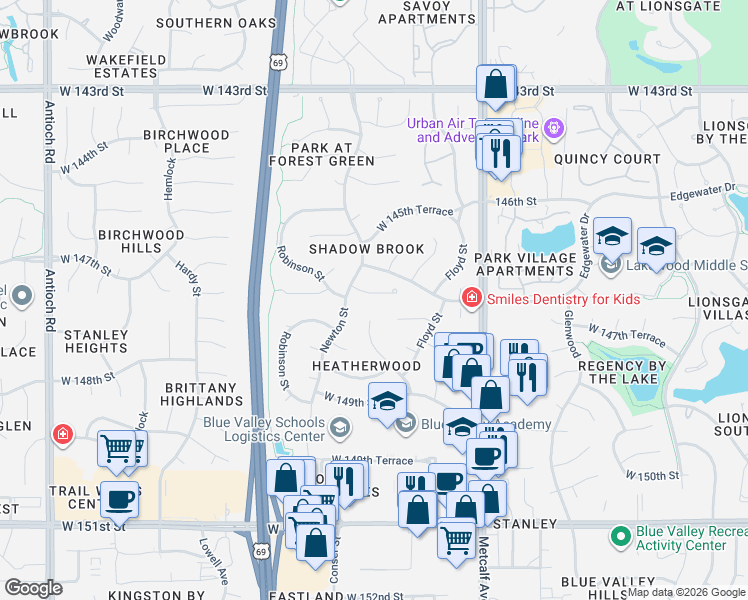map of restaurants, bars, coffee shops, grocery stores, and more near 7501 West 147th Terrace in Overland Park
