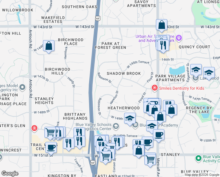 map of restaurants, bars, coffee shops, grocery stores, and more near 7817 West 147th Terrace in Overland Park