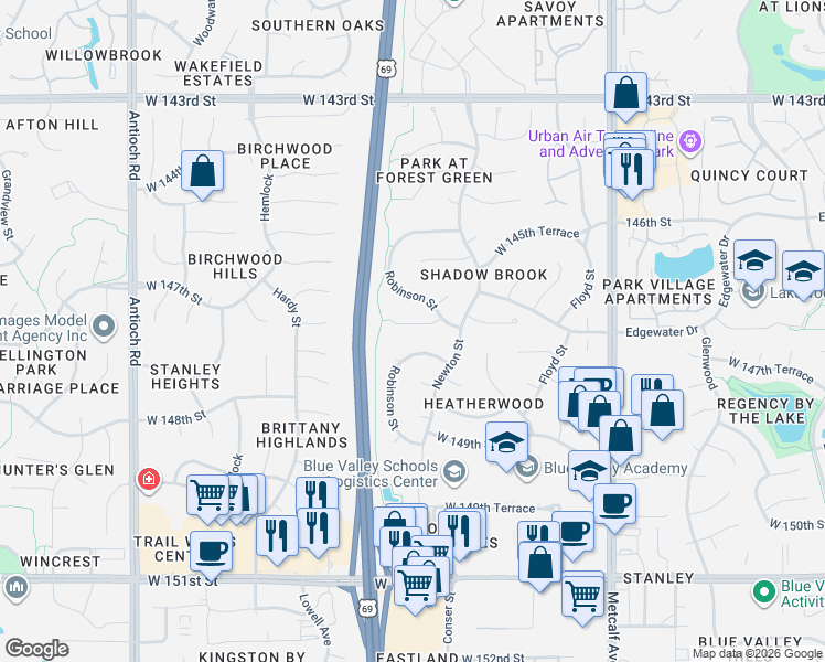 map of restaurants, bars, coffee shops, grocery stores, and more near 7817 West 147th Terrace in Overland Park