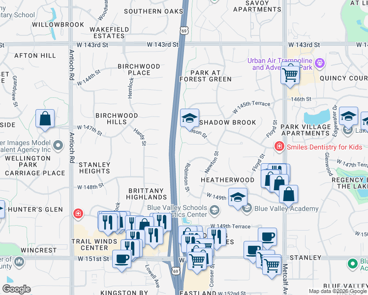 map of restaurants, bars, coffee shops, grocery stores, and more near 7833 West 147th Terrace in Overland Park
