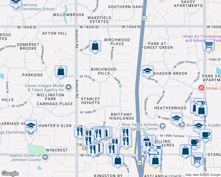 map of restaurants, bars, coffee shops, grocery stores, and more near 8209 West 146th Terrace in Overland Park