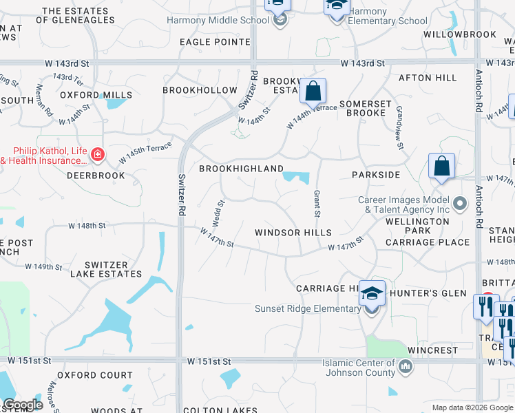 map of restaurants, bars, coffee shops, grocery stores, and more near 9541 West 146th Street in Overland Park