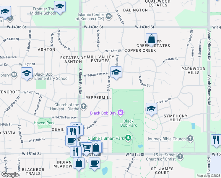 map of restaurants, bars, coffee shops, grocery stores, and more near 14705 South Alden Street in Olathe