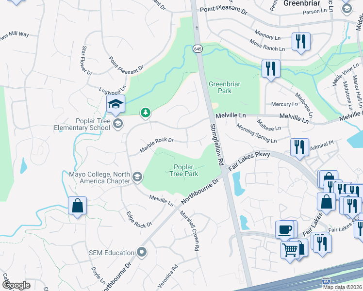 map of restaurants, bars, coffee shops, grocery stores, and more near 13429 Marble Rock Drive in Chantilly