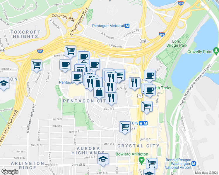 map of restaurants, bars, coffee shops, grocery stores, and more near 1221 South Fern Street in Arlington