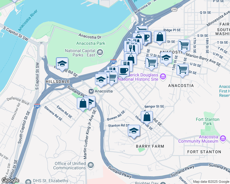 map of restaurants, bars, coffee shops, grocery stores, and more near 1225 Talbert Street Southeast in Washington