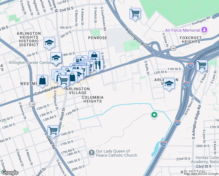 map of restaurants, bars, coffee shops, grocery stores, and more near 1200 South Courthouse Road in Arlington
