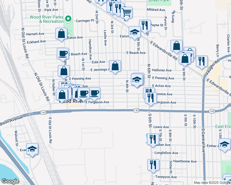 map of restaurants, bars, coffee shops, grocery stores, and more near 309 East Lorena Avenue in Wood River