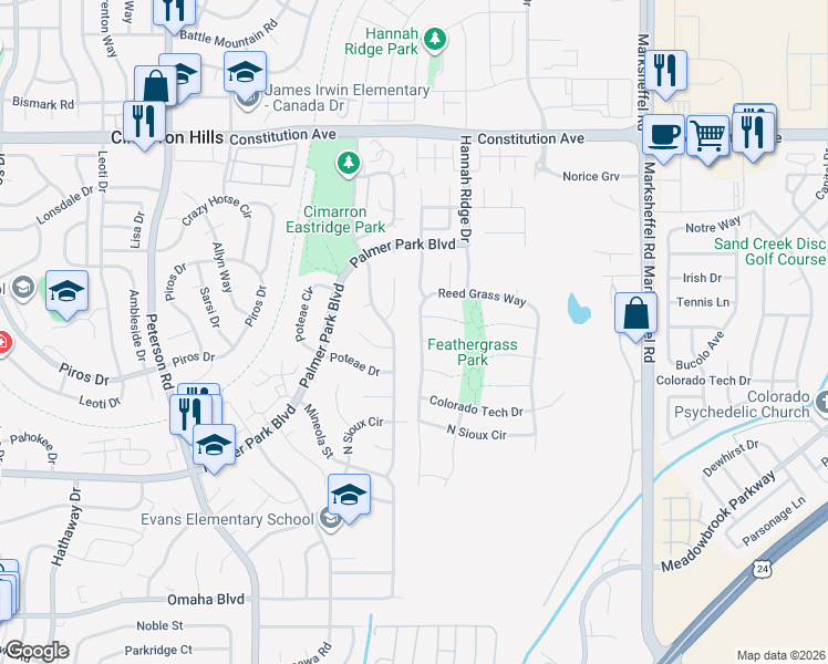map of restaurants, bars, coffee shops, grocery stores, and more near 2065 Shawnee Drive in Colorado Springs