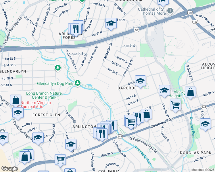 map of restaurants, bars, coffee shops, grocery stores, and more near 600 South Woodstock Street in Arlington