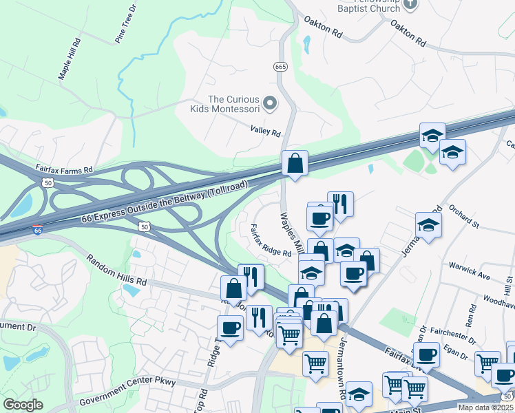 map of restaurants, bars, coffee shops, grocery stores, and more near 11307 Aristotle Drive in Fairfax