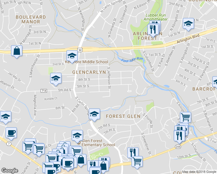 map of restaurants, bars, coffee shops, grocery stores, and more near 500 South Jefferson Street in Arlington