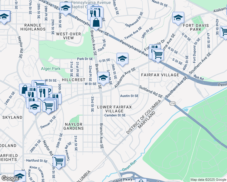 map of restaurants, bars, coffee shops, grocery stores, and more near 3405 Alabama Avenue Southeast in Washington