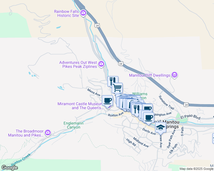 map of restaurants, bars, coffee shops, grocery stores, and more near 7 Ute Trail in Manitou Springs