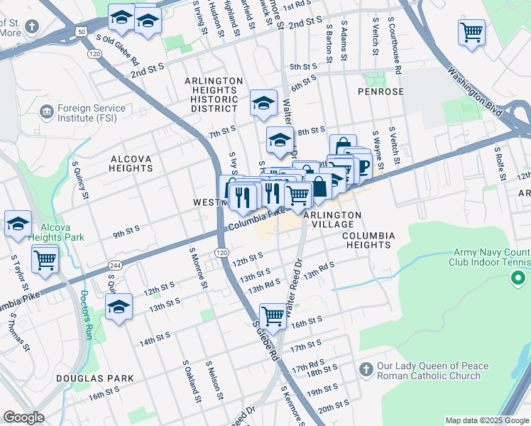 map of restaurants, bars, coffee shops, grocery stores, and more near 3101 Virginia 244 in Arlington
