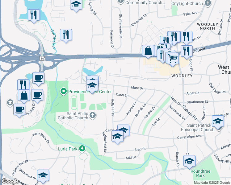 map of restaurants, bars, coffee shops, grocery stores, and more near 3205 Holly Hill Drive in Falls Church