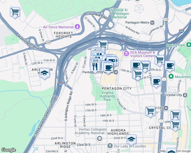map of restaurants, bars, coffee shops, grocery stores, and more near 1301 South Joyce Street in Arlington