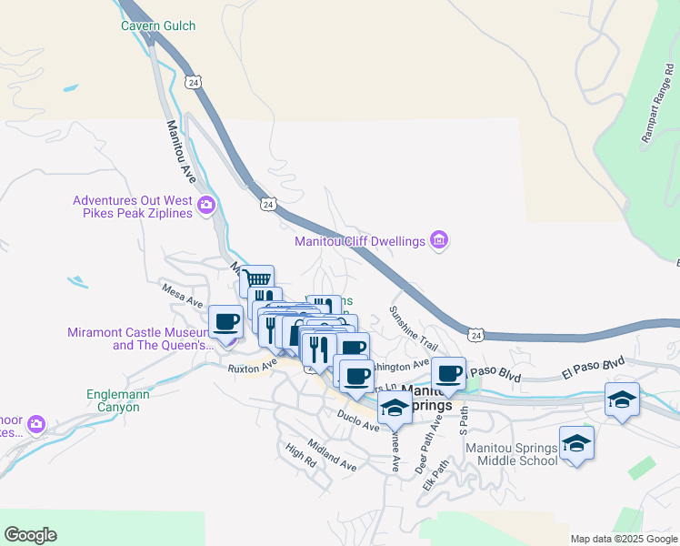 map of restaurants, bars, coffee shops, grocery stores, and more near 33 Dudley Road in Manitou Springs