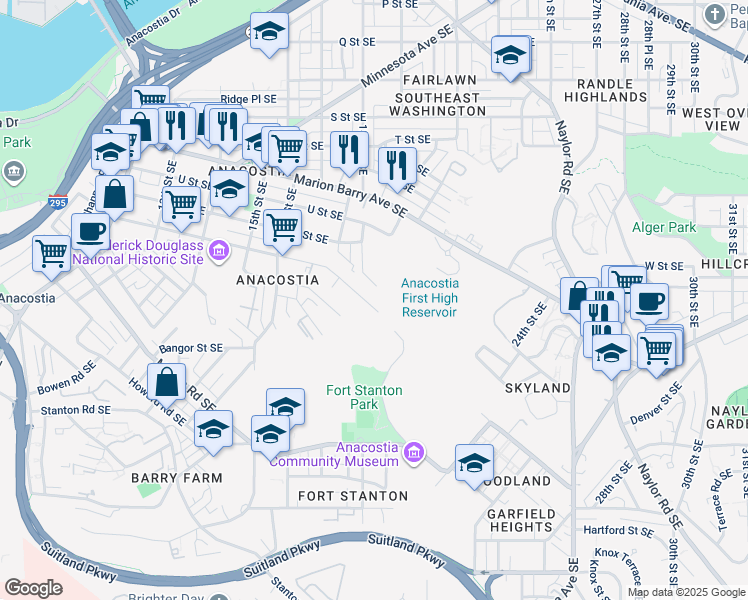 map of restaurants, bars, coffee shops, grocery stores, and more near 1778 West Street Southeast in Washington