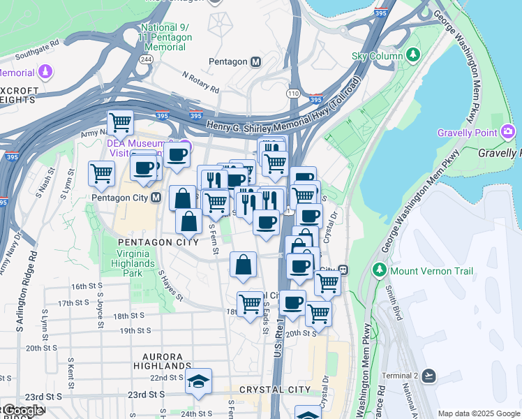map of restaurants, bars, coffee shops, grocery stores, and more near 1221 South Eads Street in Arlington