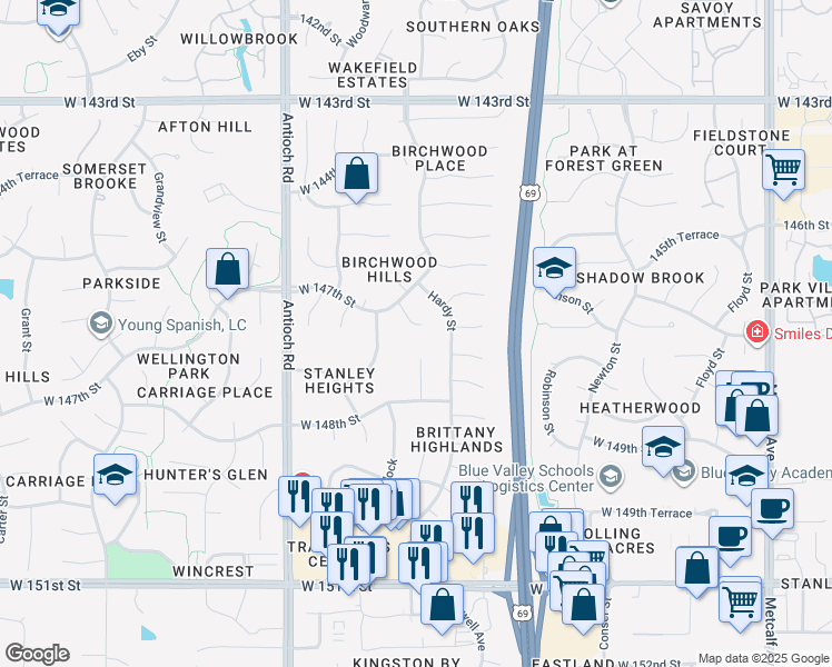 map of restaurants, bars, coffee shops, grocery stores, and more near 8209 West 146th Terrace in Overland Park