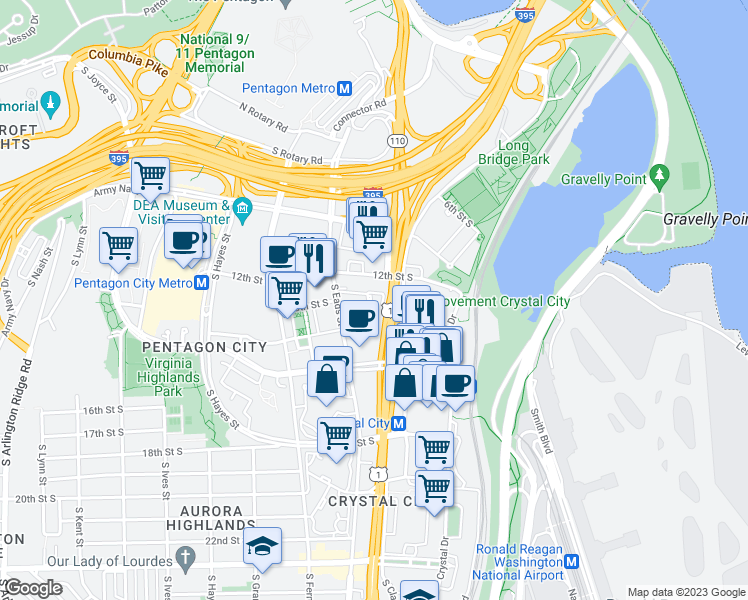 map of restaurants, bars, coffee shops, grocery stores, and more near 1211 South Eads Street in Arlington