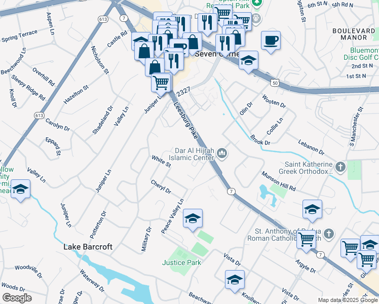 map of restaurants, bars, coffee shops, grocery stores, and more near 3121 Vinewood Place in Falls Church