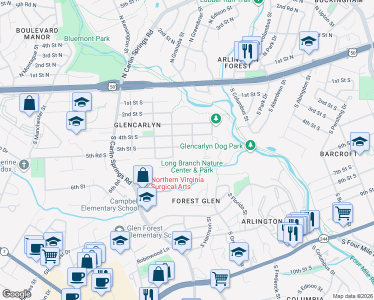 map of restaurants, bars, coffee shops, grocery stores, and more near 5506 5th Street South in Arlington